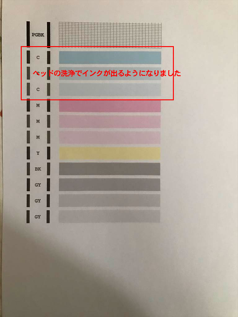 プリンターのインクが出なくなった：クリーニング後のノズルパターン印刷